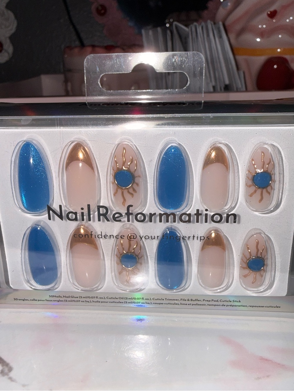 Nail Reformation”Sun & Sky” Blue and Gold Designed Press On Nails - Picture 5 of 6